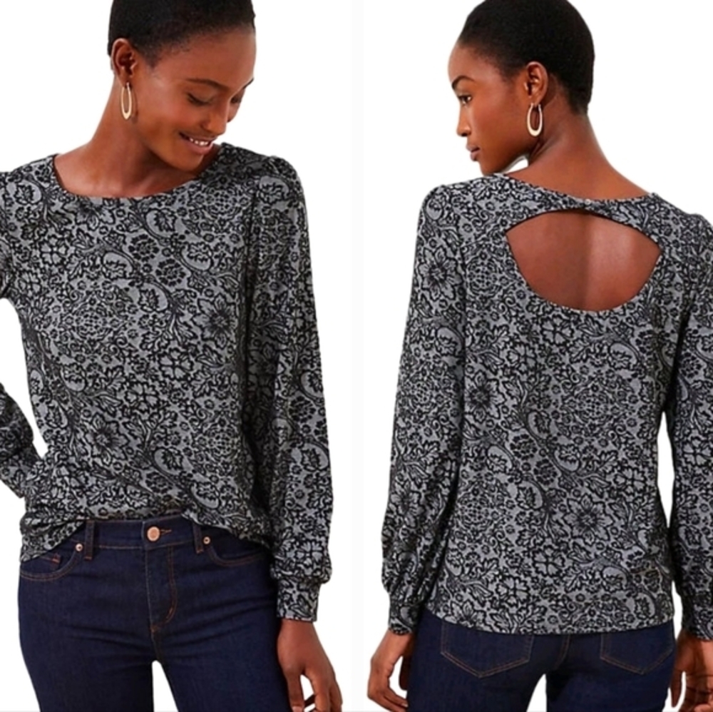 LOFT Grey Black Floral Damask Jacquard Knit Top Back Cutout Long Sleeve Small